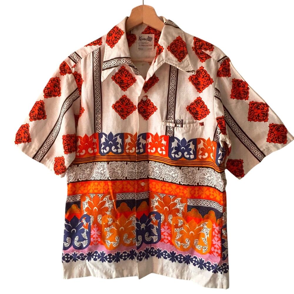Vintage 60s Keone Hawaiian Shirt Seahorse Tiki Border Print Made in Hawaii -